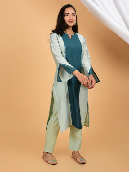 Tranquil Teal Symphony Chanderi Kurta with Silk Lace