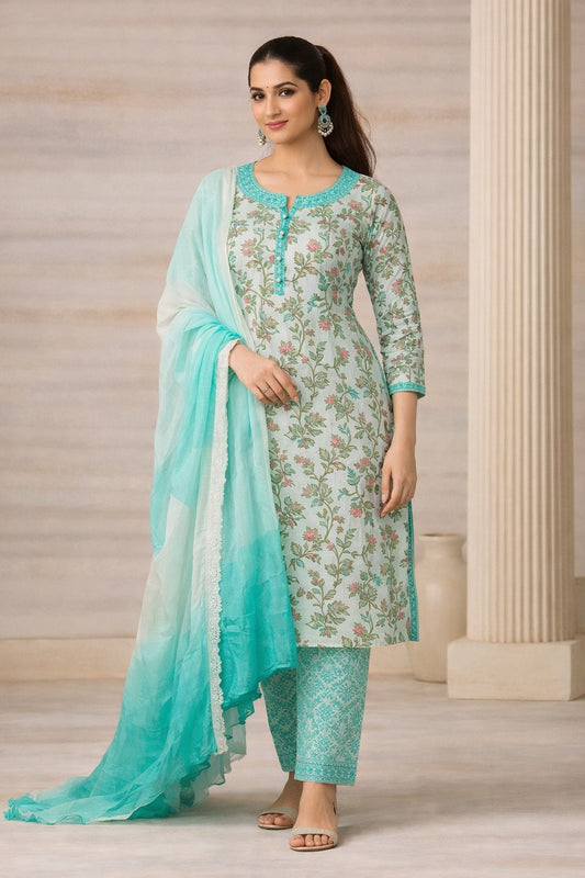 Mint Green Floral Kalamkari Print Unstitched Cotton Suit Set