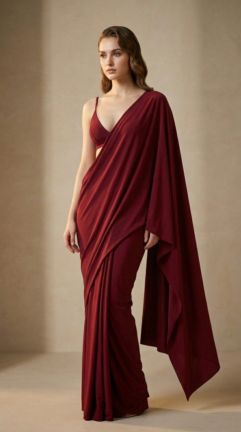 Ready to Wear Maroon Serenity Lycra Saree with Blouse Fabric