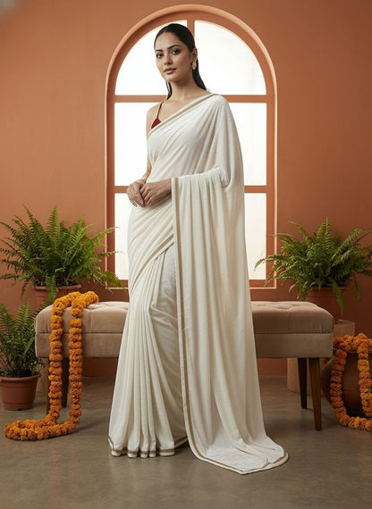 Classic Off-White Velvet Evening Designer Saree with Blouse Fabric