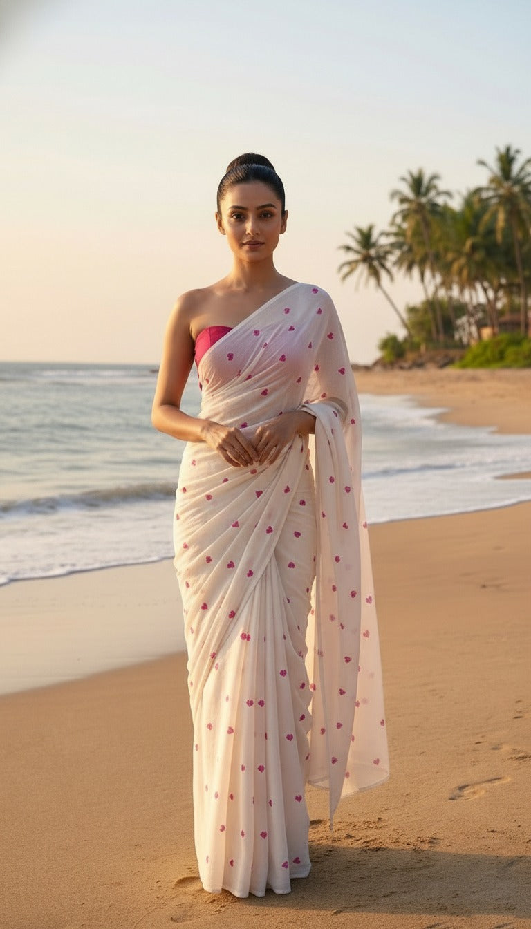 Sensational Heart Thread Embroidered Pure Mul Cotton Saree with Blouse Fabric