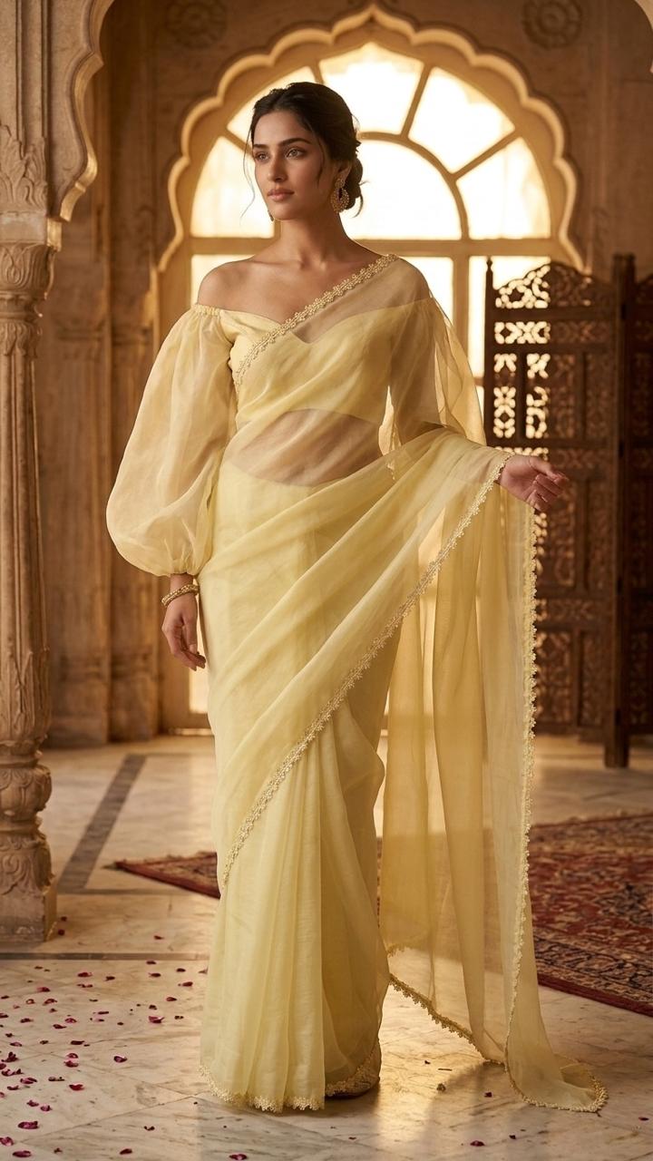 Pastel Yellow Organza Saree with Floral Lace and Blosue Fabric