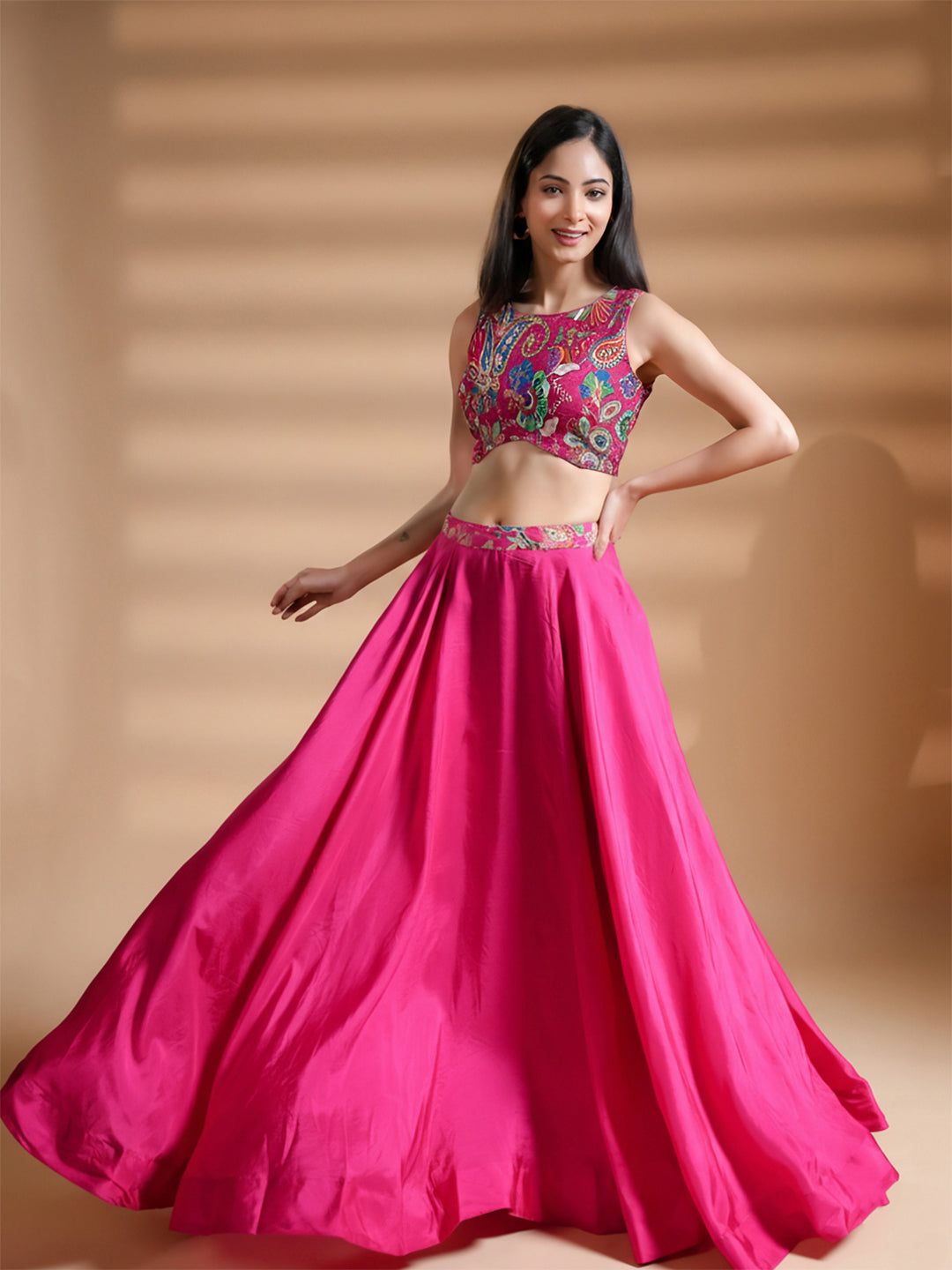 Azalea Pink Floral Embroidered Silk Skirt Set