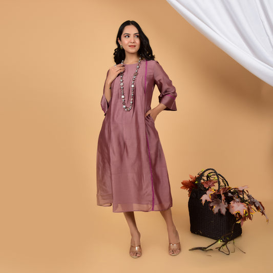 Ethereal Rose Taupe Chanderi Ethnic Dress