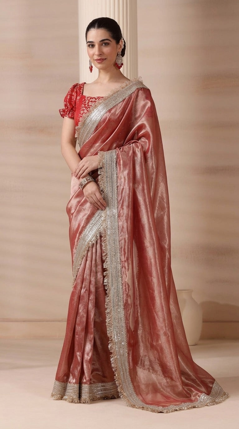 Dreamy Rose Gold Radiance Premium Tissue Saree with Blouse Fabric