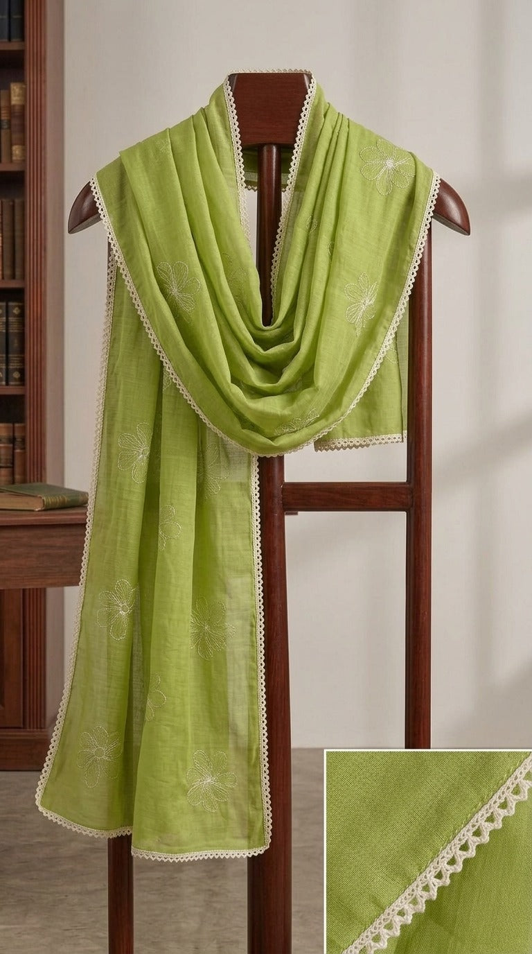 Enchanted Garden Floral Mul Chanderi Embroidered Lace Stole