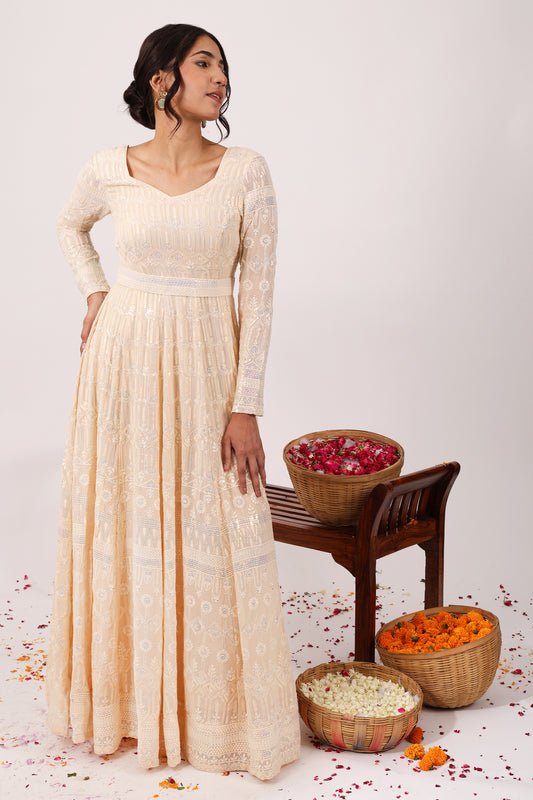 Splendid Heavy Embroidered Chikankari Anarkali  Gown with Belt