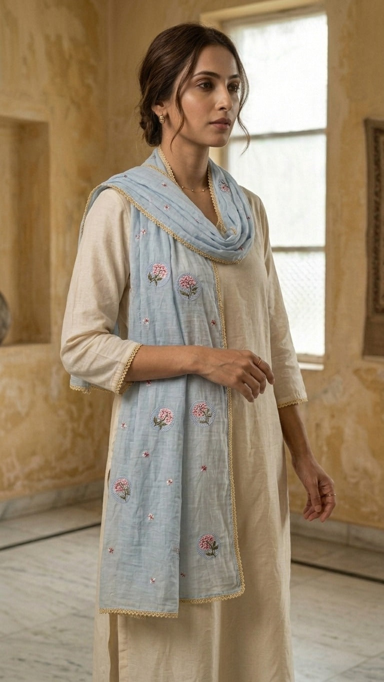 Serene Blue Floral Embroidered Mul Chanderi Lace Stole