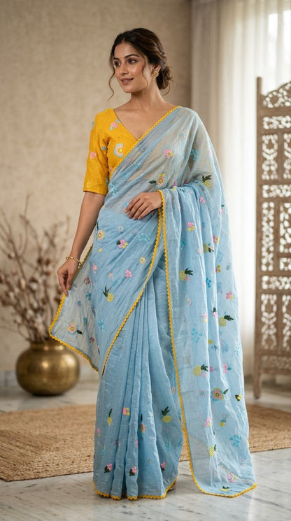Aasmaani Bloom Floral Embroidered Pure Mul Chanderi Saree with Embroidered Blouse Piece