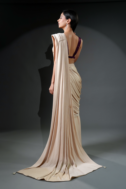 Exclusive Designer Ivory Ready-to-Wear Saree with Unique Drape in Luxe Fabric