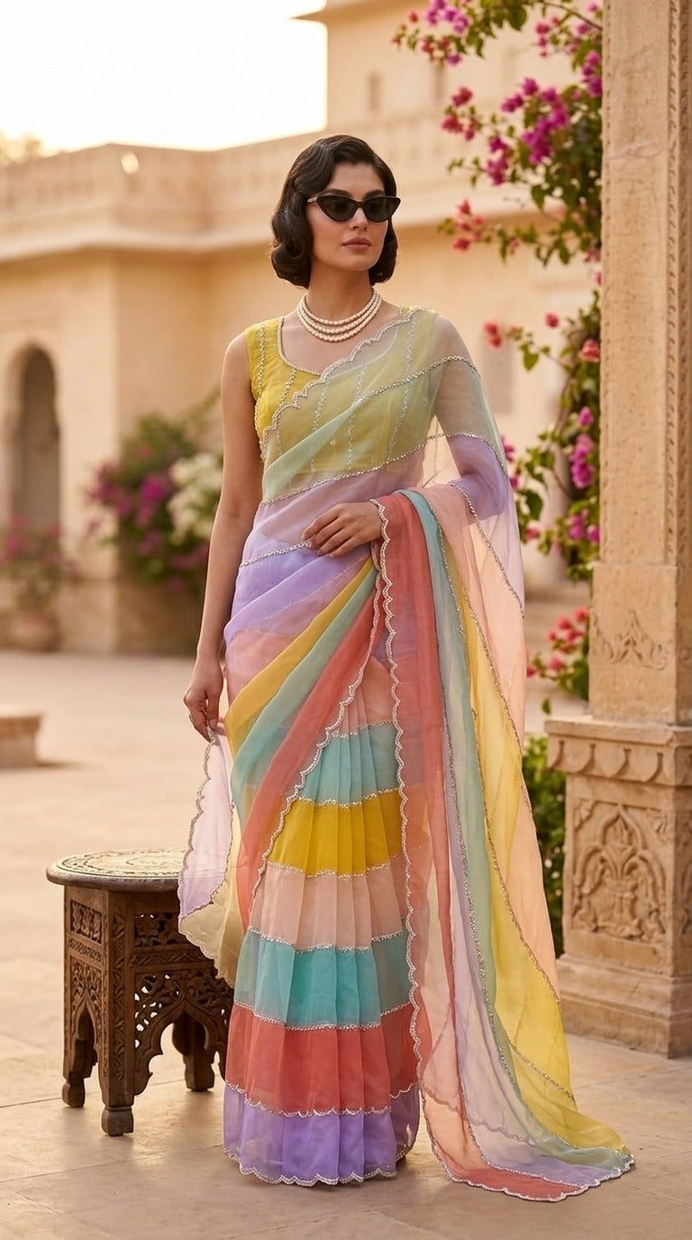 Rainbow Pastel Premium Embroidered Organza Saree with Embroidered Blouse Fabric