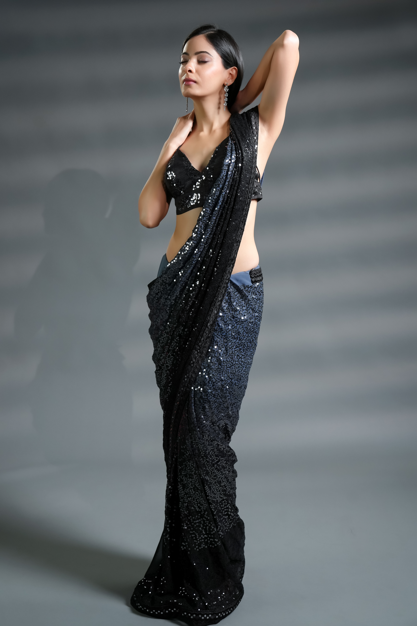 Ravishing Black Ready to Wear Sequin Saree and Blouse Fabric