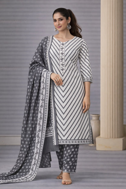 Mystic Forest Charcoal & Cream Unstitched Cotton Suit Set
