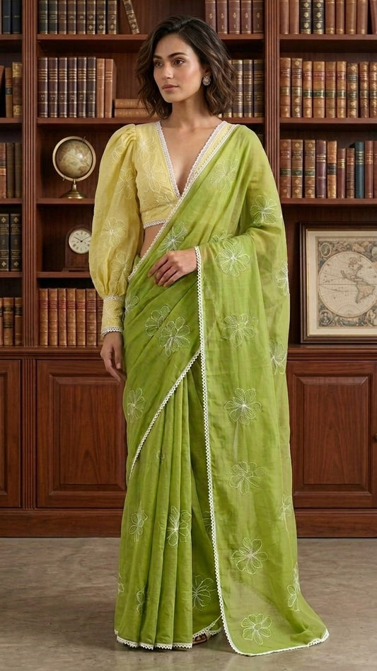 Olive Petal Pure Mul Chanderi Cotton Embroidered Saree with Blouse Fabric