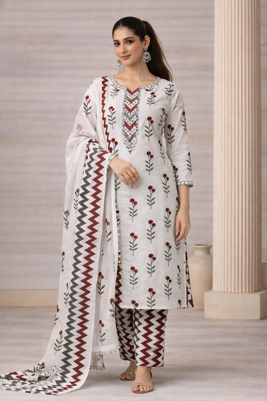 Maroon & Grey Geometric Chevron Cotton Unstitched Salwar Suit Set