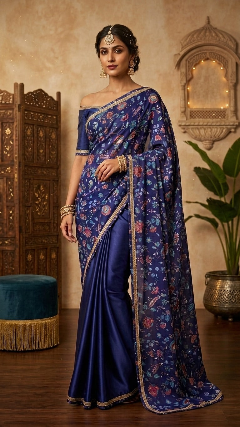 Royal Blue Floral Embroidered Cut Dana Silk Saree with Embellished Border & Blouse Fabric