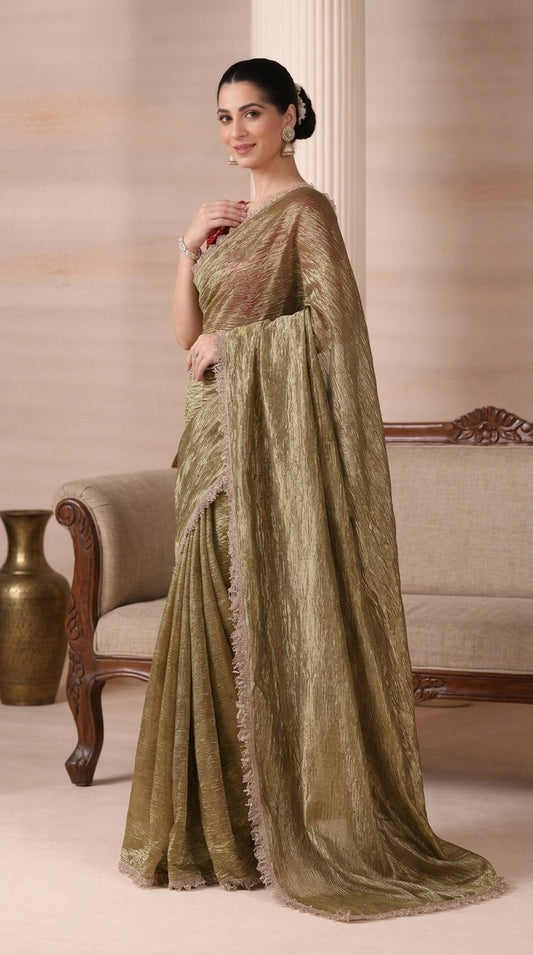 Emerald Whisper Premium Tissue Saree with Blouse Fabric