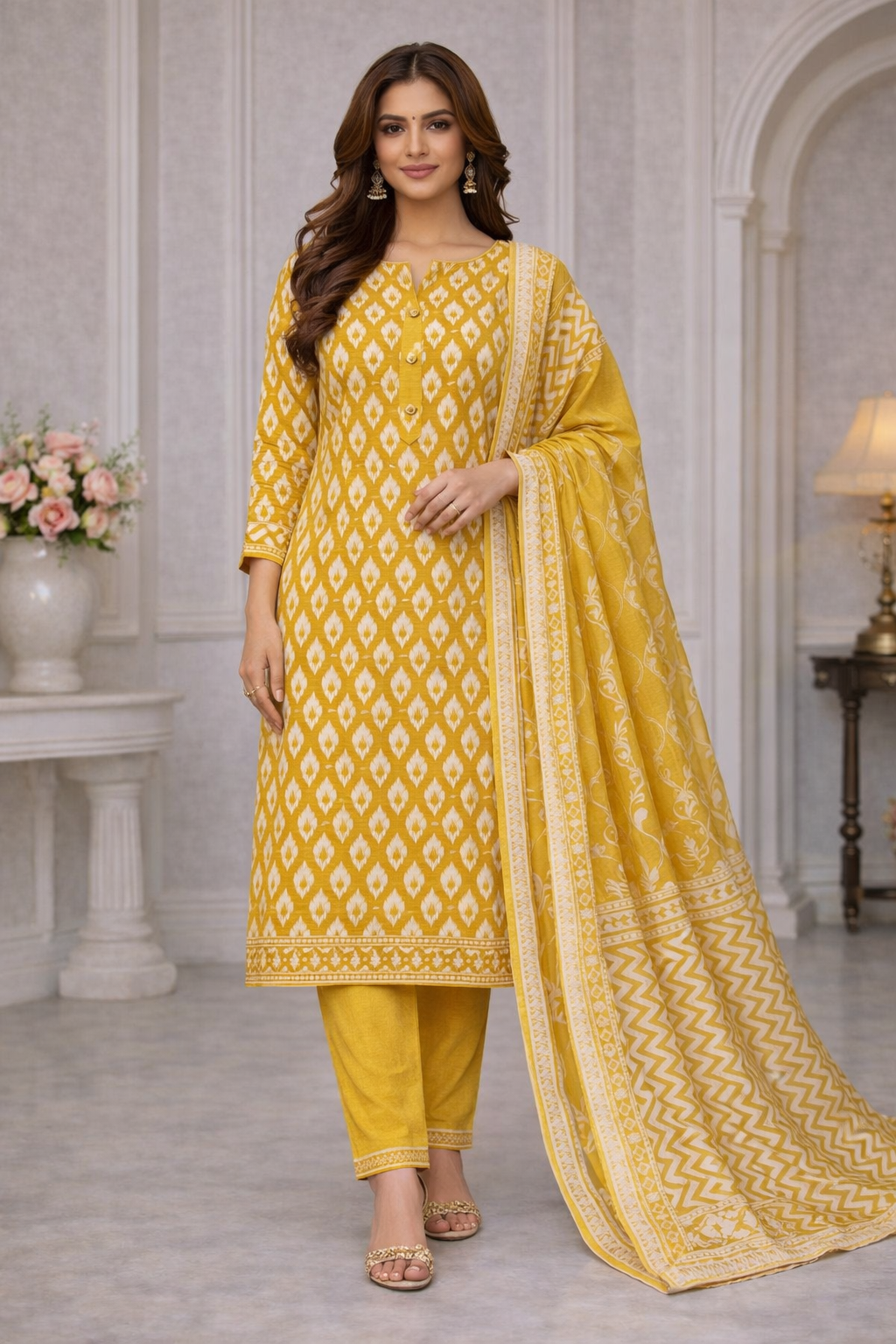 Mustard Ikat Printed Cotton Unstitched Suit Set with Zigzag Dupatta