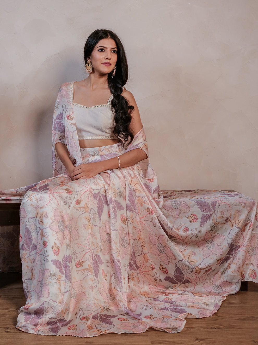 Dazzling Floral Silk Three Piece Lehenga Set with Embroidered Lace Top