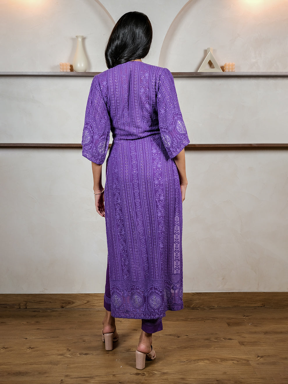 Sparkling Purple Chikankari Kurta Pant Set with Inner