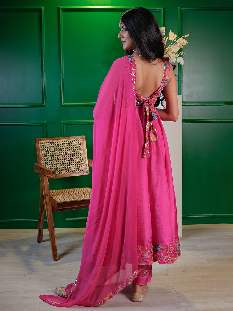 Hot Pink Floral Embroidered Anarkali Set (Set of 3)