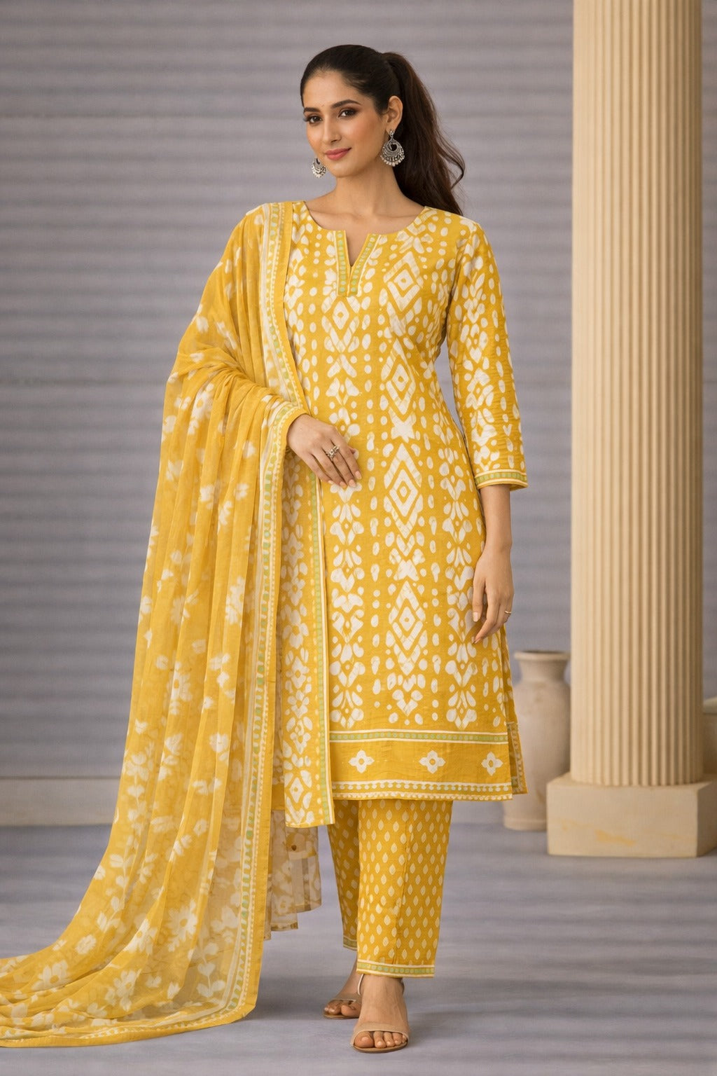 Mustard Yellow Batik Style Unstitched Cotton Suit Set
