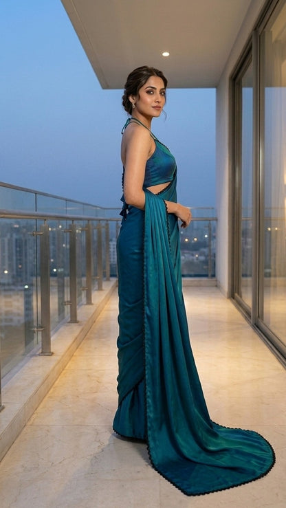 Ocean Chroma Saree with Scalloped Lace Detail