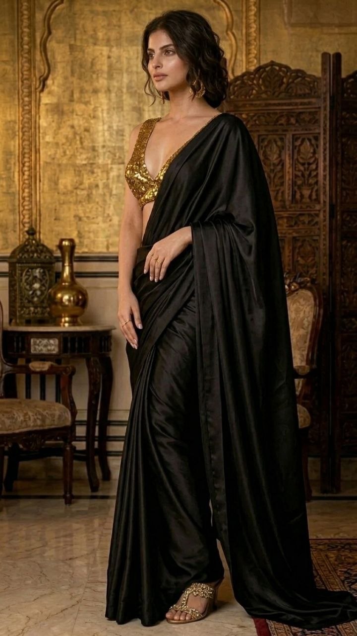 Midnight Noir Satin Saree with Gold Sequin Blouse Fabric