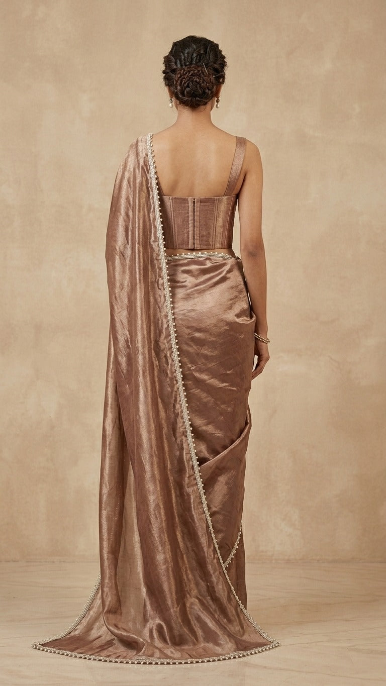 Mesmeric Brown Tissue Silk Saree with Pearl Detailing & Blouse Fabric