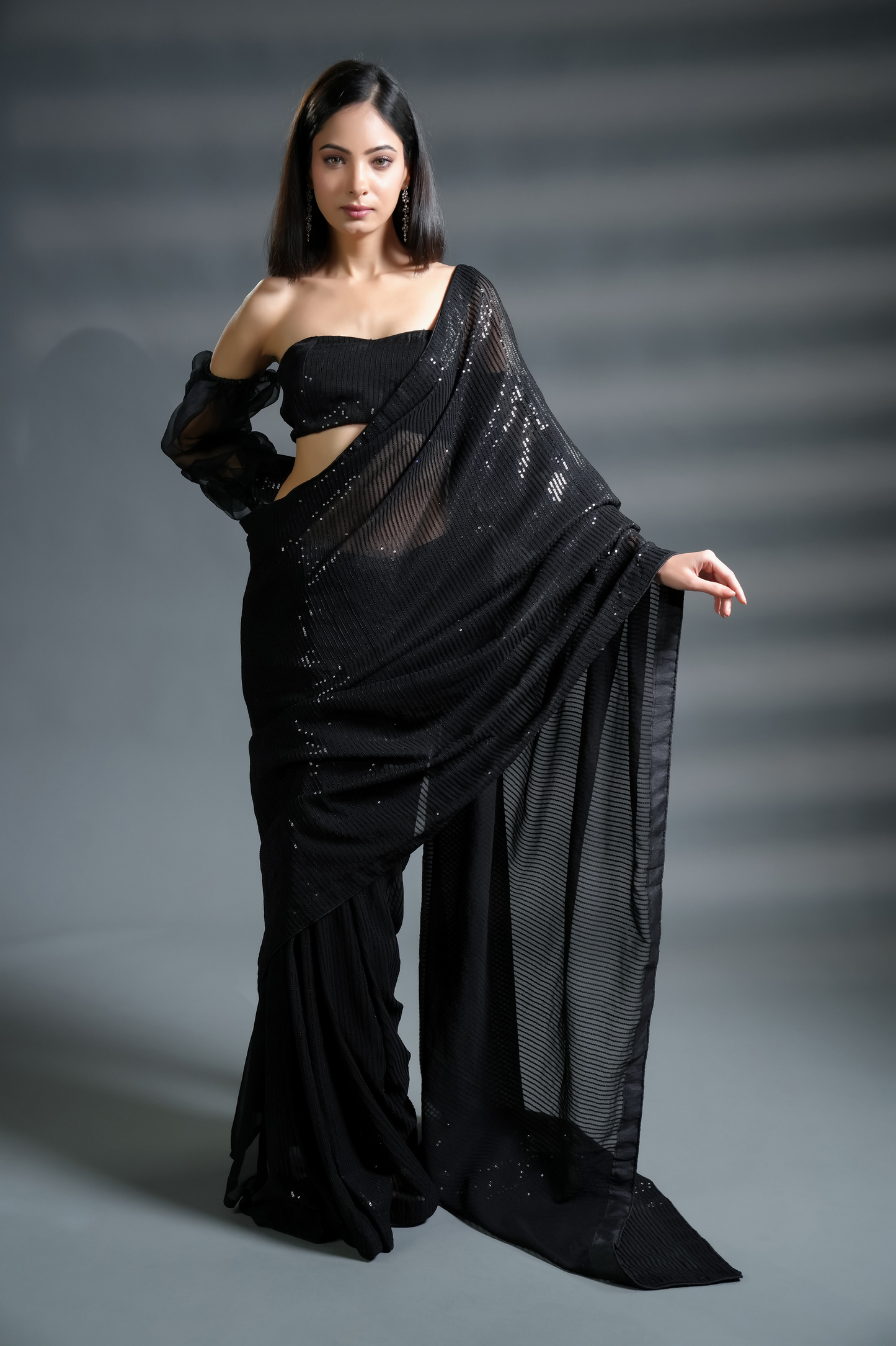 Dazzling Black Ready-to-Wear Premium Sequin Saree and Blouse Fabric