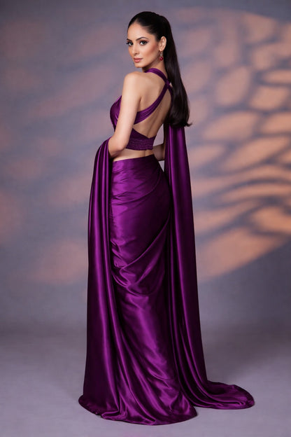 Imperial Plum Satin Silk Saree