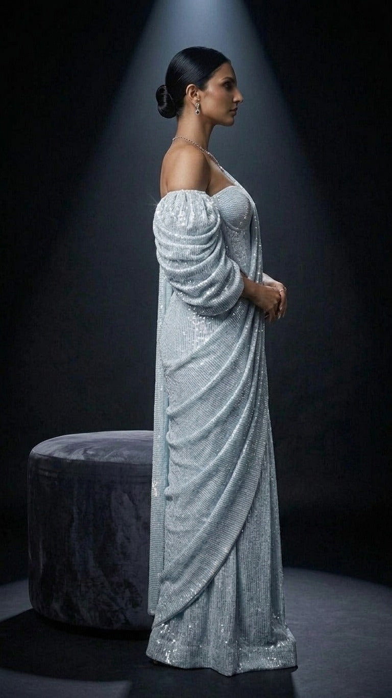Ice Blue Sequin Glam Saree with Blouse Fabric