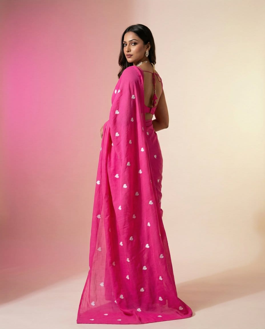 Romantic Fuchsia Heart Thread Embroidered Pure Mul Cotton Saree with Blouse Fabric