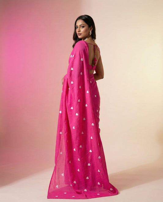 Romantic Fuchsia Heart Thread Embroidered Pure Mul Cotton Saree