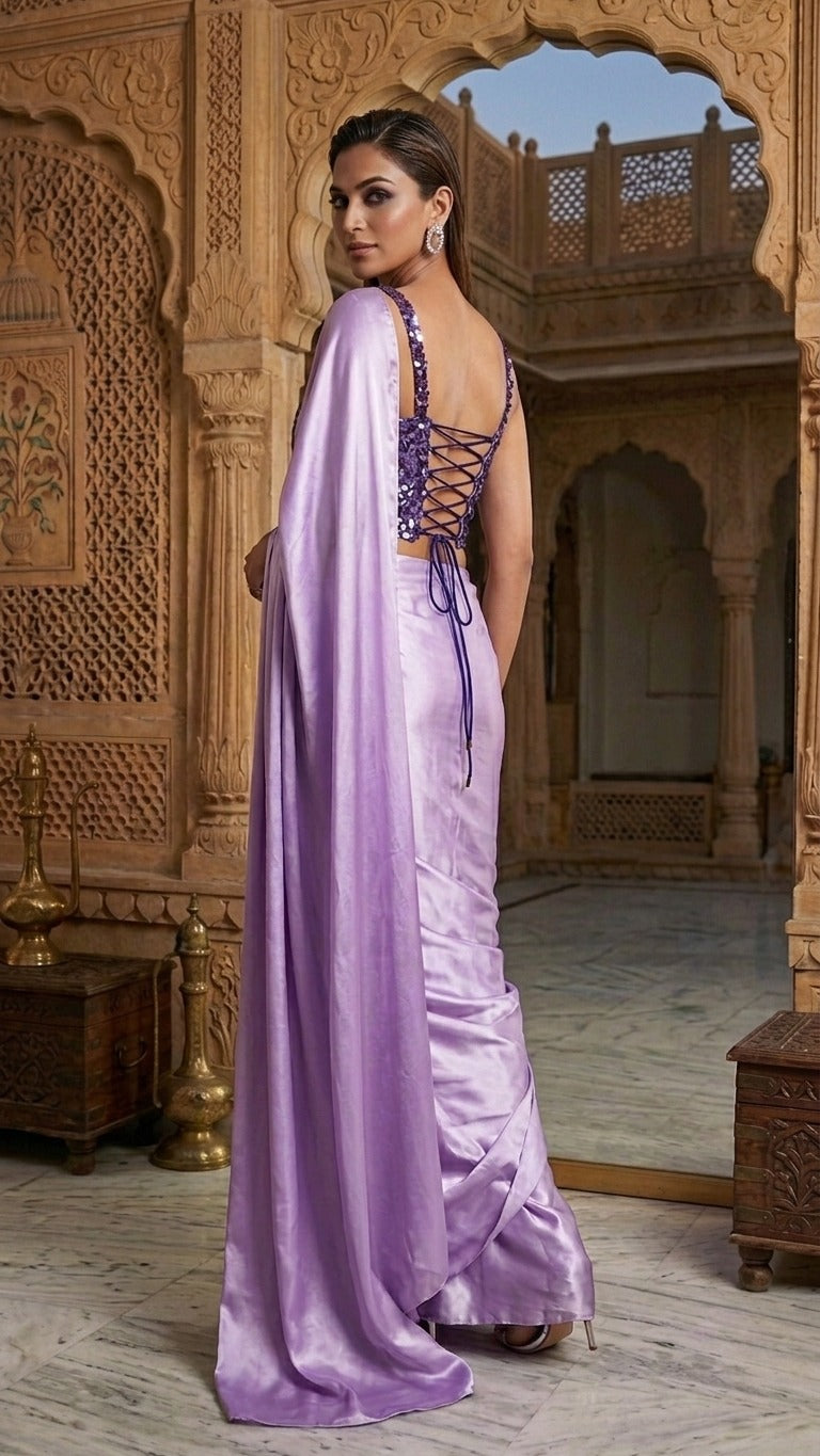 Dreamy Lilac Satin Saree With Heavy Sequins Blouse Fabric