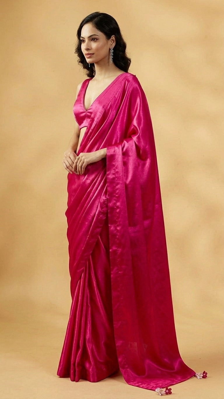 Gulabi Satin Glow Saree with Handcrafted Tassels