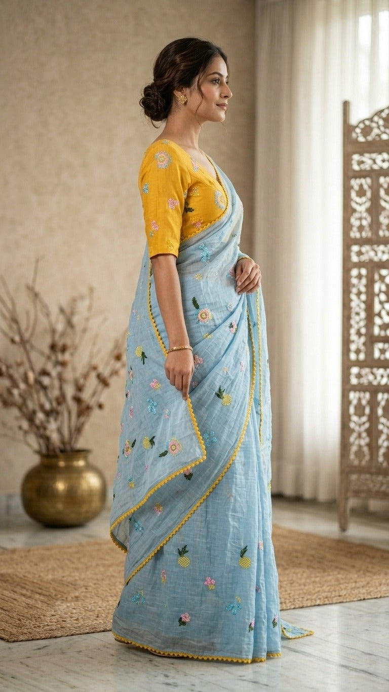 Aasmaani Bloom Floral Embroidered Pure Mul Chanderi Saree with Embroidered Blouse Piece