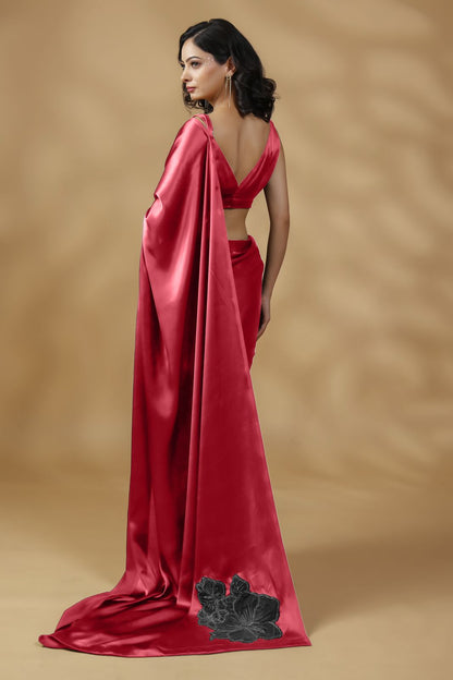 Red Beauty Satin Silk Saree with Blouse Fabric