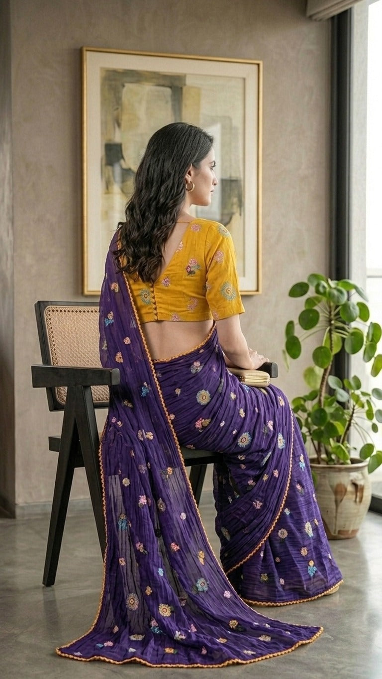 Rangrez Violet Floral Embroidered Pure Mul Chanderi Saree with Embroidered Blouse Piece