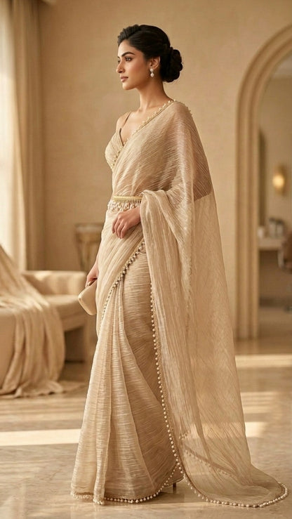Moonstone Pearl Salsa Cringe Saree with Blouse Fabric and Belt