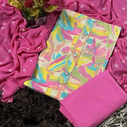 Multicolor Abstract Printed Cotton Unstitched Suit Set with Pink Dupatta