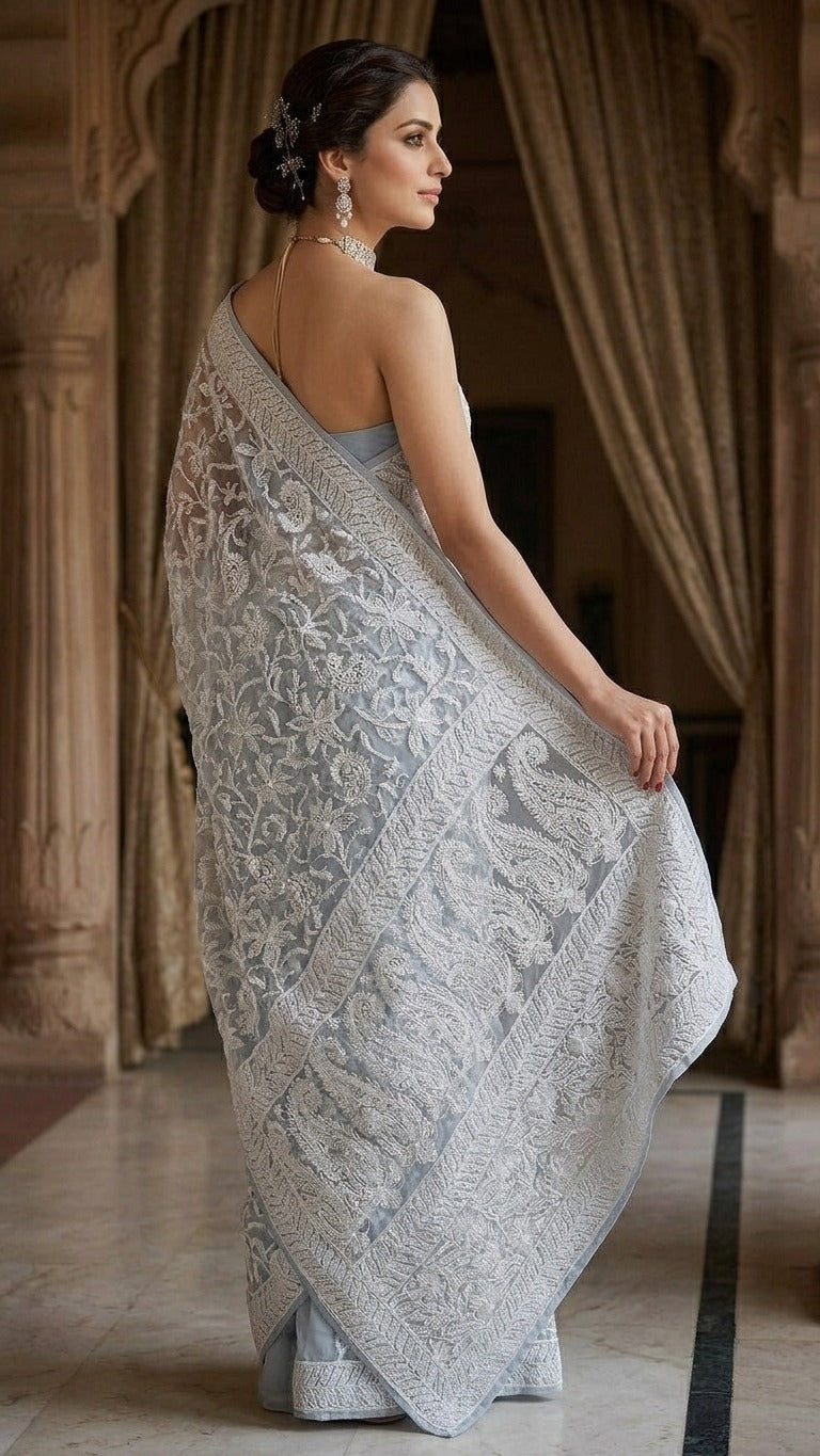 Icy Blue Pure Georgette Heavy Chikankari Embroidery Saree with Blouse Fabric