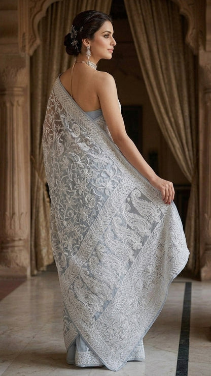Icy Blue Pure Georgette Heavy Chikankari Embroidery Saree with Blouse Fabric