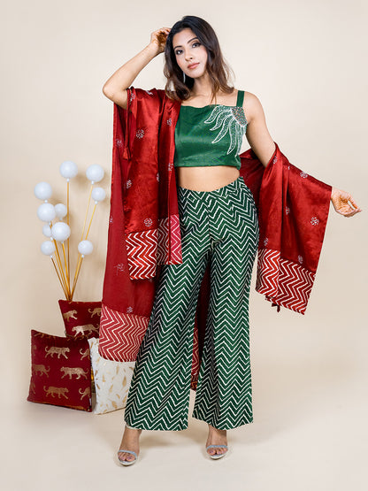 Green and Maroon 3-Piece Premium Co-ord Set with Hand-embroidered Dori Jacket