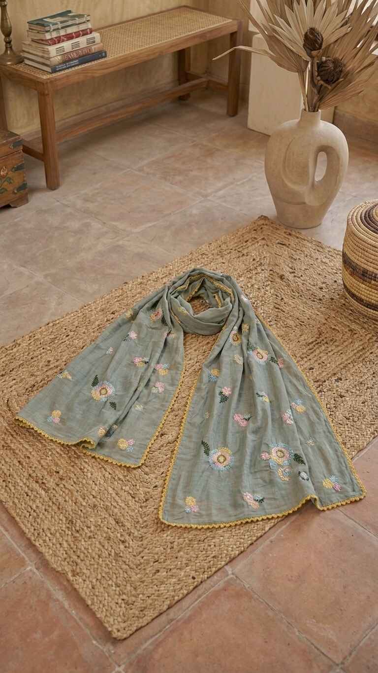 Boho Bloom Floral Mul Chanderi Embroidered Lace Stole