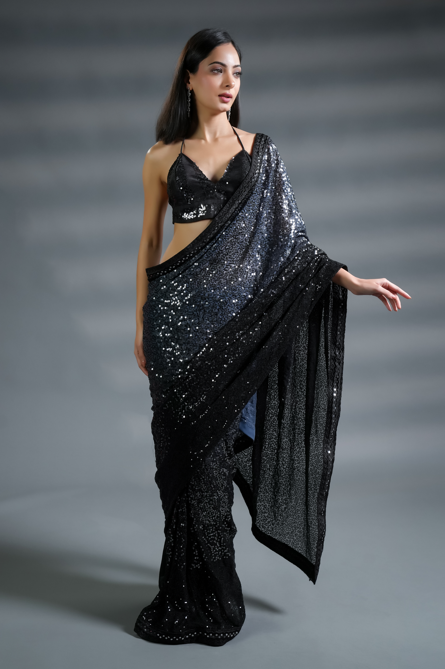 Ravishing Black Ready to Wear Sequin Saree and Blouse Fabric