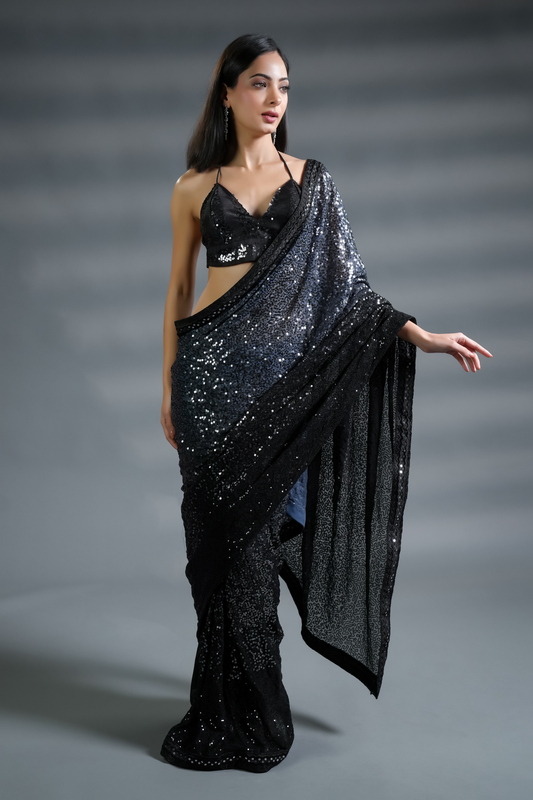 Ravishing Black Ready to Wear Sequin Saree and Blouse Fabric