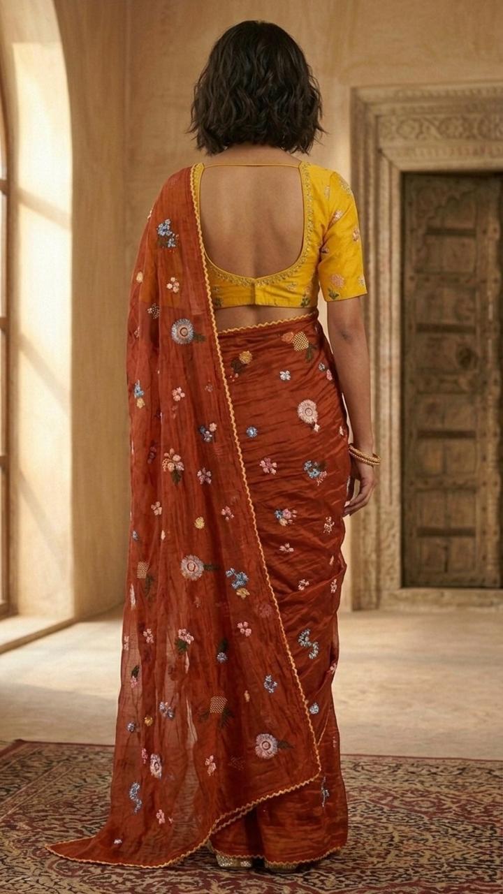 Festive Bloom Embroidered Pure Chanderi Mul Saree with Blouse Fabric