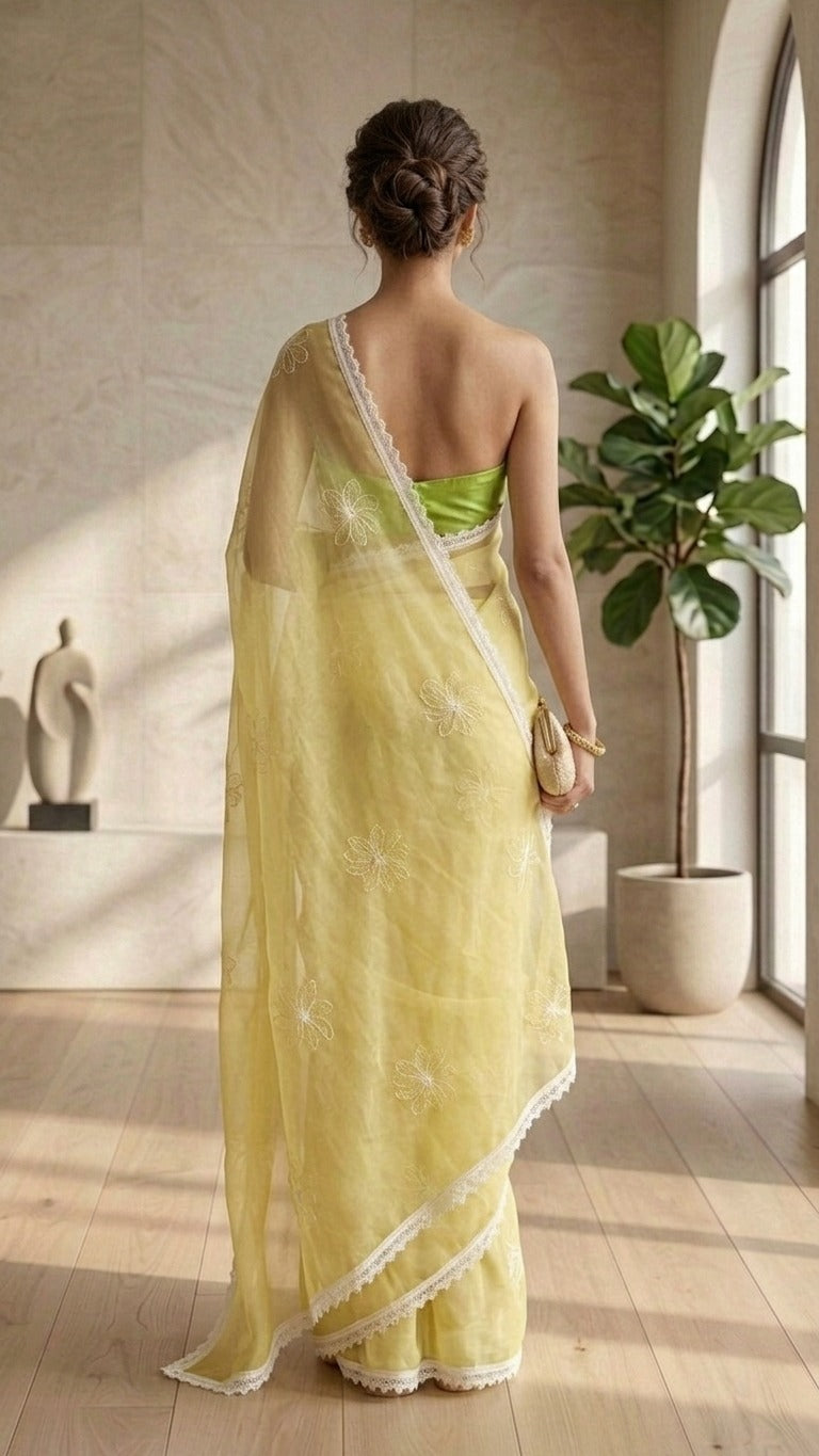 Enchanting Lemon Bloom Pure Mul Chanderi Embroidered Saree with Blouse Fabric