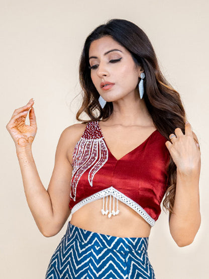 Maroon Silk Hand-embroidered V-neck Silk Blouse